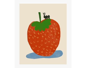 Strawberry Fine Art Giclee Print | Fruit, Playful, Modern, Colorful, Kid's Room, Nursery, Playroom, Kitchen, Cottagecore, Retro, Vintage