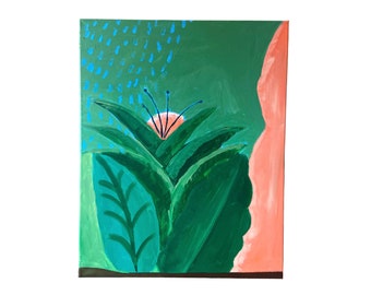 Original Acrylic Botanical Painting | Flower, Bohemian, Maximalist, Pink, Green, Luxurious, Fine Art, Abstract, Art Deco, Decorative, Nature