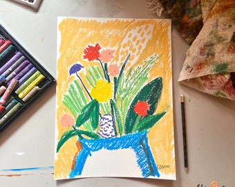 Floral Bouquet Still Life Drawing | oil pastels, bold color, original artwork, flowers, wildflowers, botanical, vibrant, colorful, modern