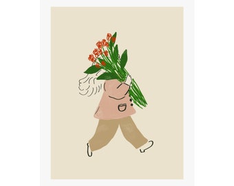 Walking with Roses Fine Art Giclee Print | Playful, Colorful, Modern, Eclectic, Trendy, Maximalist, Minimalist, Boho, Nature, Floral, Pastel