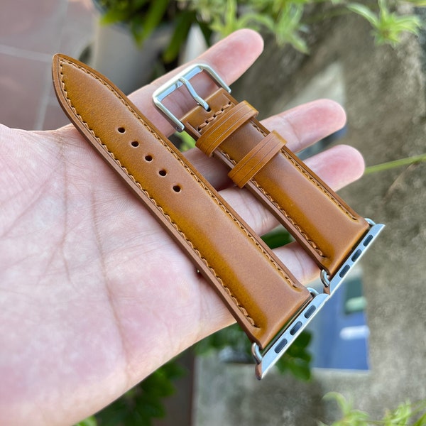 Camel shell cordovan leather watch strap in all sizes with quick release spring bars