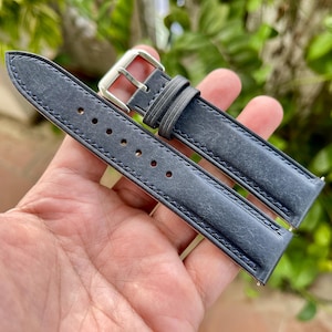 Italian leather watch strap in Navy color, pre-installed quick release spring bars