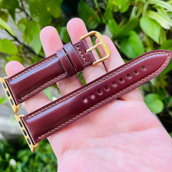 Red brown shell cordovan leather watch strap in all sizes with quick release spring bars