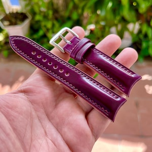 Curved end shell cordovan watch strap, custom made in all sizes with quick release spring bars