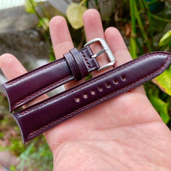 Curved end shell cordovan watch strap, custom made in all sizes with quick release spring bars