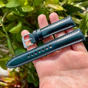 Blue Horween shell cordovan leather watch strap in all sizes with quick release spring bars