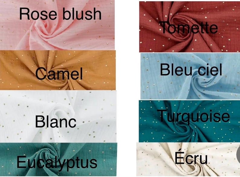 Op de afbeelding: Een verzameling stofstalen in verschillende kleuren, waaronder roze blush, camel, wit, eucalyptus, tomette, lichtblauw, turquoise en ecru. Elk staal heeft een subtiel patroon van gouden glitterdots.