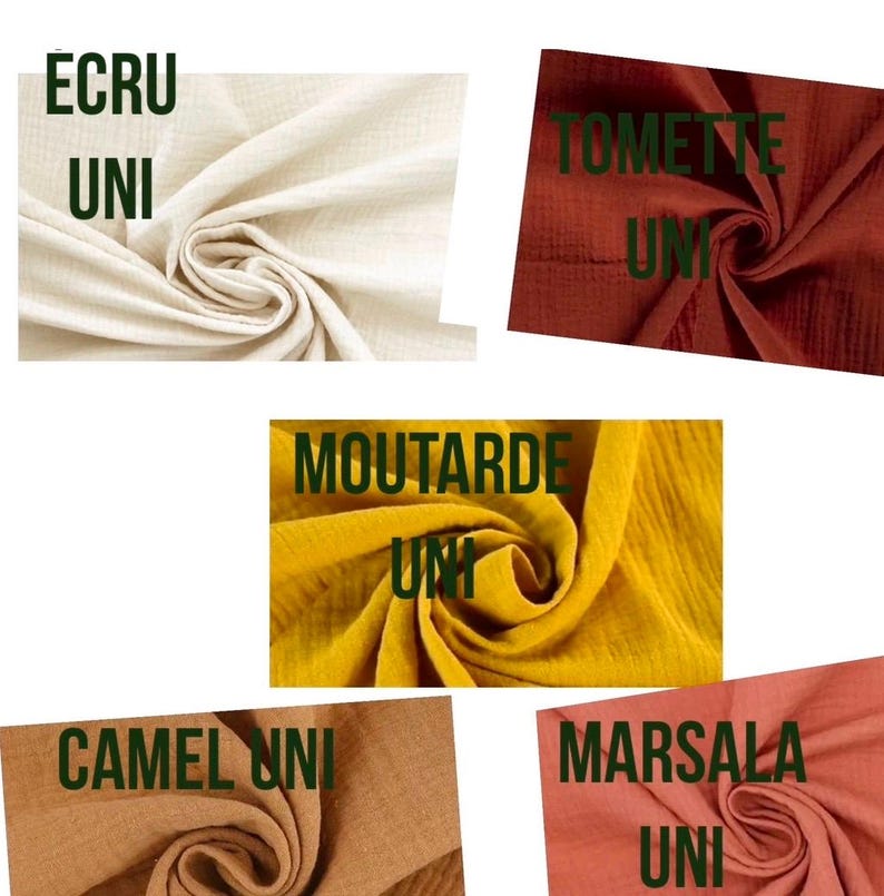 Op de afbeelding: Vijf stofstalen in verschillende kleuren: ecru, mosterd, camel, marsala en rood. Elk staal heeft het woord "UNI" erop.