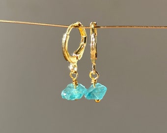 AMELIA | raw apatite earrings, gemstone jewellery, gold huggie hoops, minimal earrings, apatite jewellery, raw crystal earrings