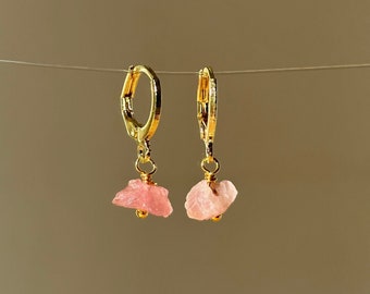 AMELIA | raw pink tourmaline earrings, gemstone jewelry, gold huggie hoops, october birthstone, pink tourmaline jewelry, raw crystal earring
