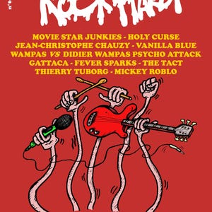 Pode incluir: Cartaz vermelho com o texto "Rock Hardi" em branco. O cartaz apresenta figuras de desenhos animados tocando um microfone, guitarra e bateria. O cartaz inclui uma lista de bandas e o texto "Inclus CD bonus 15 titres".