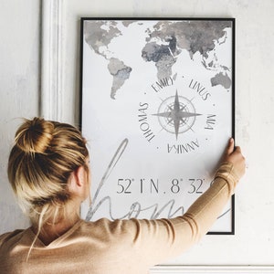 Personalized mural / world map / coordinates / home / moving gift / housewarming gift / wedding gift / DIN A4 or A3