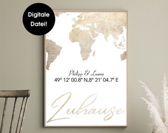 Digital File / Personalized Mural / World Map / Coordinates / Home / Moving Gift / Housewarming Gift / Wedding Gift