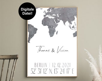 Digital File / Personalized Wall Art / World Map / Coordinates / Home / Moving Gift / Housewarming Gift / Wedding Gift