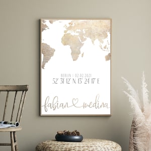 Personalized mural / world map / coordinates / home / moving gift / housewarming gift / wedding gift / DIN A4 or A3
