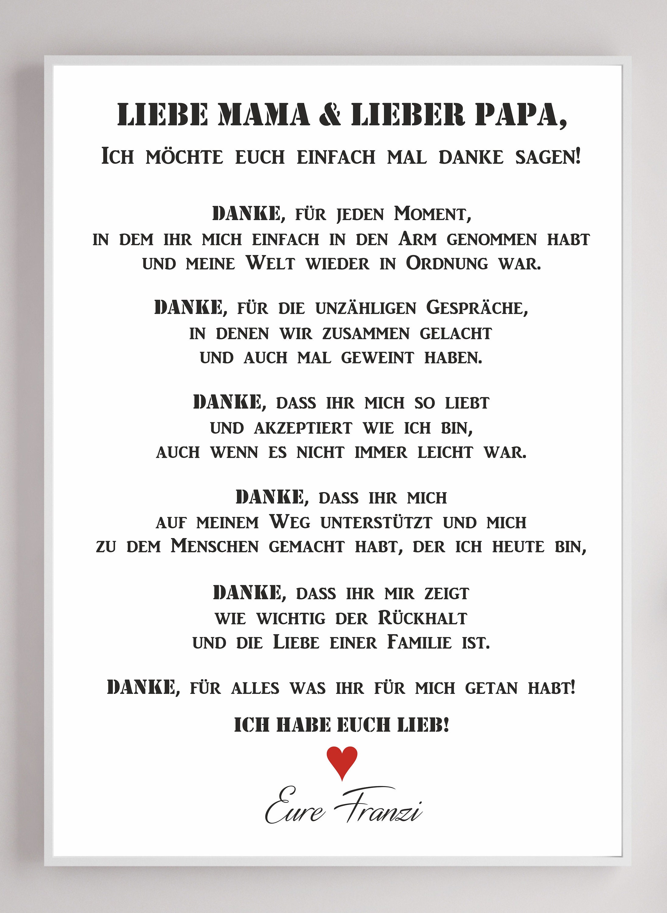 Personalisiertes Wandbild / Poster / Danke / Geschenk Eltern / Etsy
