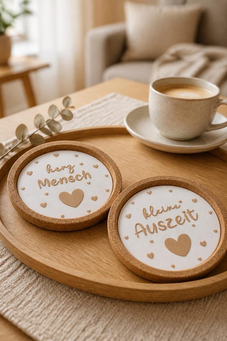May include: Two round coasters with a cork border and white center. One coaster has the text "herz Mensch" and a heart, the other says "kleine Auszeit" with a heart. A cup of coffee sits on a saucer on a wooden tray.