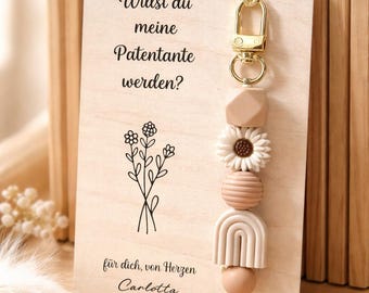 Frage Patentante | willst du meine Patentante werden | Holzkarte mit Schlüsselanhänger | Schlüsselanhänger Patentante