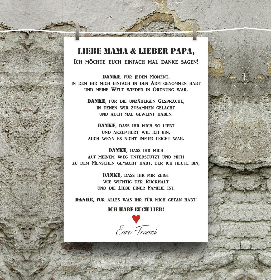 Personalisiertes Wandbild / Poster / Danke / Geschenk Eltern / Etsy
