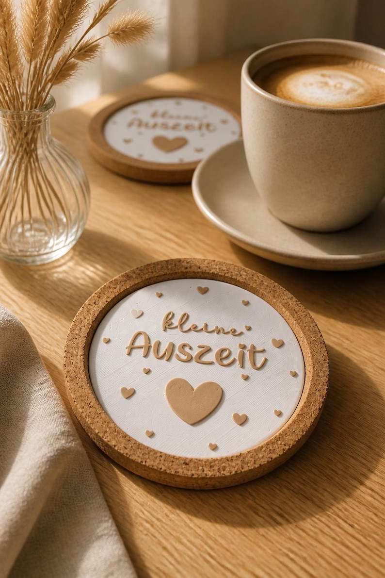 May include: Cork coasters with a white center and brown border. The coasters have the words "kleine Auszeit" and heart shapes. A cup of coffee sits on a saucer next to a coaster.