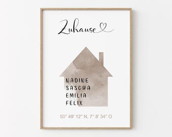 Personalisiertes Poster | Zuhause | Geschenk Umzug | Einweihungsgeschenk | Poster Familie |  Din A4 o. A3, ohne Bilderrahmen