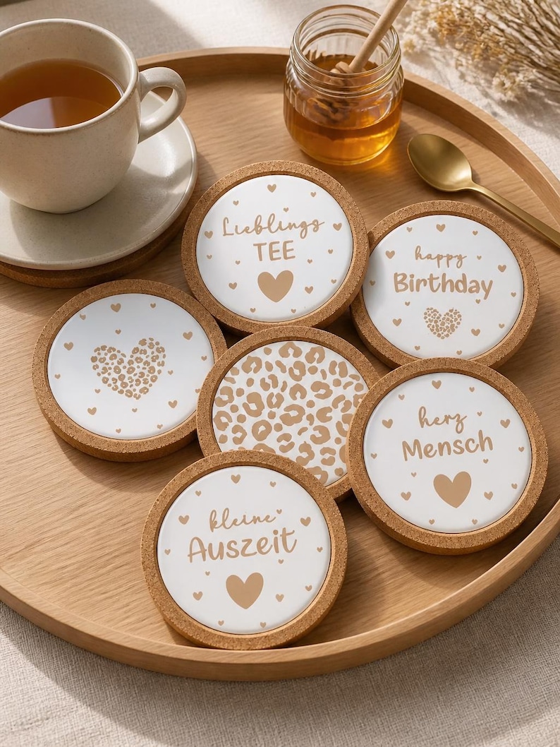 May include: A set of six round coasters with cork rims, featuring white centers with various designs and text in a light brown color. Designs include hearts, leopard print, and phrases like "happy Birthday". A cup of tea and honey are also present.