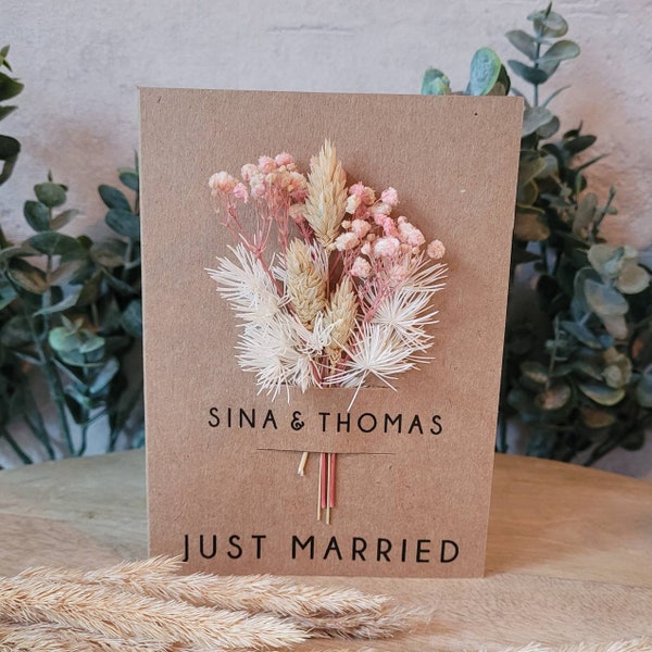Hochzeitskarte mit Trockenblumen personalisiert | Grußkarte Hochzeit | Klappkarte mit Innenblatt und Unschlag |  Glückwunschkarte Hochzeit