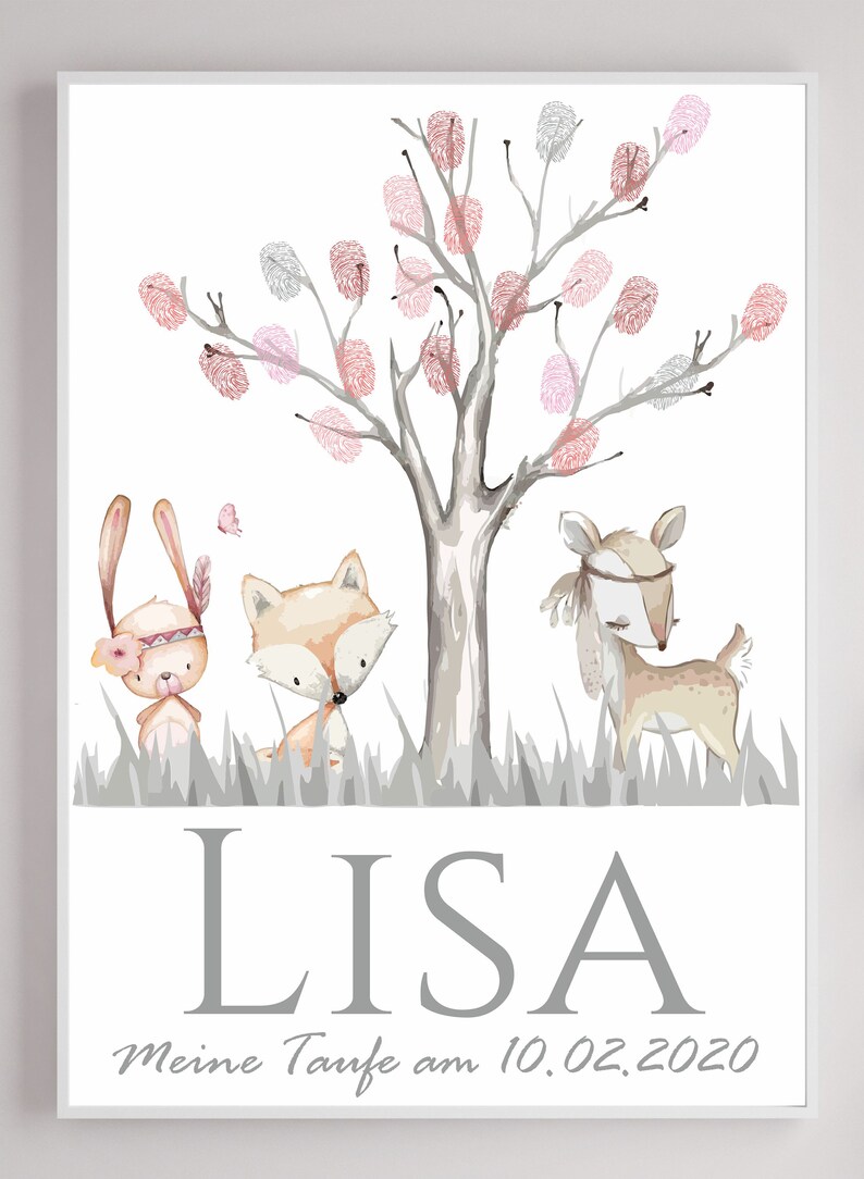 Personalisiertes Wandbild / Fingerprint tree / Fingerabdruck Taufe / Fingerabdruck Baum / Geschenk Taufe / DIN A4 oder A3 ohne Bilderrahmen afbeelding 2
