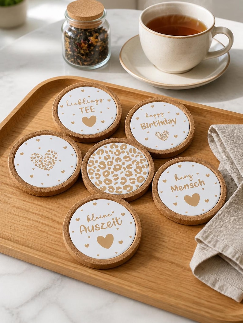 May include: A set of six round coasters with cork edges and white centers. Each coaster features a different design, including text like "Happy Birthday" and "Lieblings TEE", hearts, and a leopard print. A cup of tea and a jar of tea leaves are also in the image.