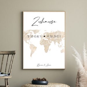 Personalized mural/world map/coordinates/home/moving gift/housewarming gift/wedding gift/DIN A4 or A3