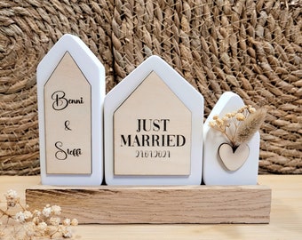 Geschenkset Hochzeit personalisiert | Deko Häuser Just Married | Hochzeitsgeschenk | Geschenk Brautpaar | Holz Geschenk