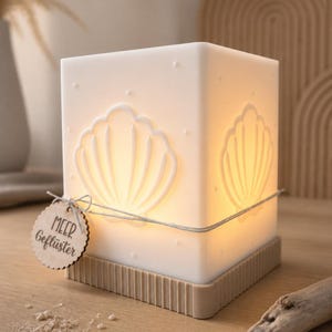 Può includere: Una lampada quadrata bianca con interno luminoso, caratterizzata da disegni di conchiglie in rilievo sui lati e piccoli punti in rilievo. Un filo sottile avvolge la lampada, reggendo un'etichetta rotonda in legno con il testo Meer Geflüster.