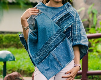 Poncho carré en denim 100 % jean bleu ! Vêtement durable, pratique et créatif pour femme/homme. Patron PDF et instructions.