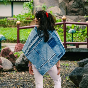 Square Denim Poncho made 100% from blue jeans Sustainable, practical and creative garment for women/men. PDF pattern & instructions. image 2