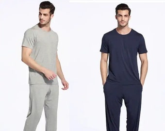 Lounge-Pyjama-Set aus weichem Bambus für Herren – Kurzarm-Oberteil und Hose mit 32-Zoll-Innennaht