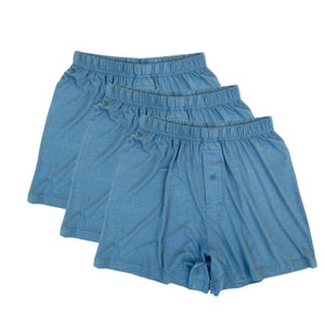 May include: Three pairs of blue boxer shorts with an elastic waistband and a button fly.