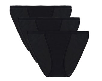 May include: Three pairs of black lace underwear. The underwear is made of a soft, stretchy fabric and has a low-rise cut.