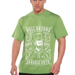 May include: A light green t-shirt with the text "HELL RAZORS CLASSIC CUTS" in white. The graphic features a barber with a top hat and beard. The shirt also has the words "SHAVE" and "CUTS" with prices.