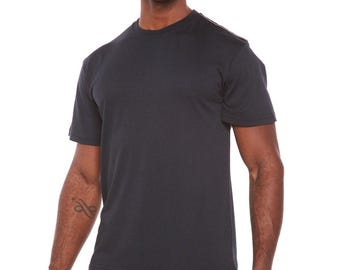 May include: A dark blue short-sleeved t-shirt with a crew neck.