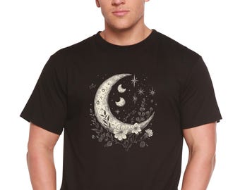 Moons and Stars Boho Flowers Vintage Unisex Bamboo/Cotton Graphic T-Shirt