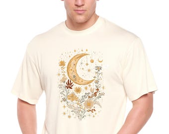 Celestial Moon Boho Flowers Vintage Unisex Bamboo/Cotton Graphic T-Shirt