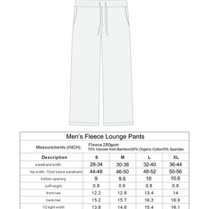 May include: A size chart for men's fleece lounge pants. The chart shows measurements in inches for waistband width, hip width, bottom opening, cuff height, front rise, back rise, 1/2 tight width, waistband height, inseam length, pocket depth, and pocket width. The chart includes sizes S, M, L, and XL.