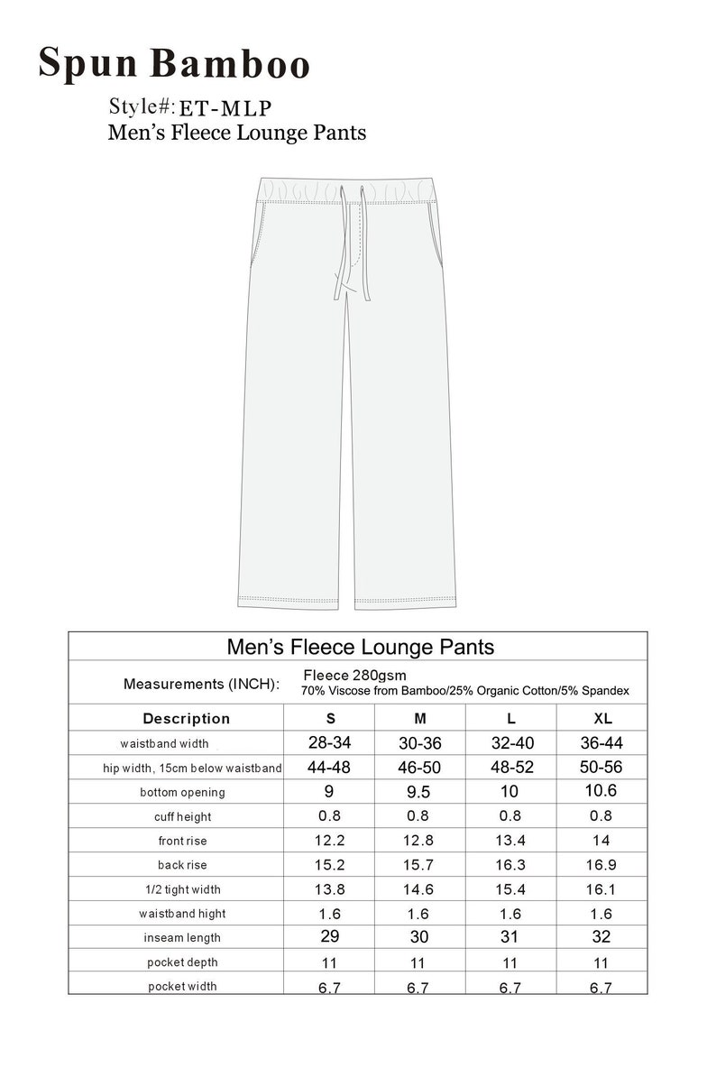 May include: A size chart for men's fleece lounge pants. The chart shows measurements in inches for waistband width, hip width, bottom opening, cuff height, front rise, back rise, 1/2 tight width, waistband height, inseam length, pocket depth, and pocket width. The chart includes sizes S, M, L, and XL.