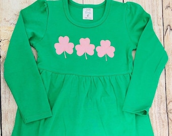 Girls St Patrick Shamrock Monogram Dress/ pink gingham appliqué shamrocks/ Embroidered/ green ruffle long sleeve dress