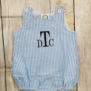 Boys monogrammed seersucker bubble, embroidered light blue bubble, baby and toddler toddler, personalize your font choice