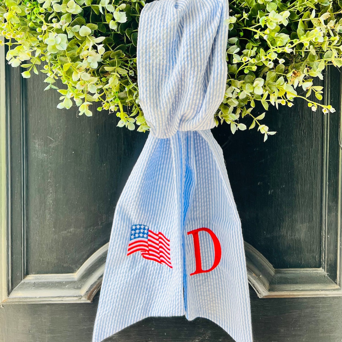 Blue Seersucker American Flag Monogram Door Wreath Sash - Etsy