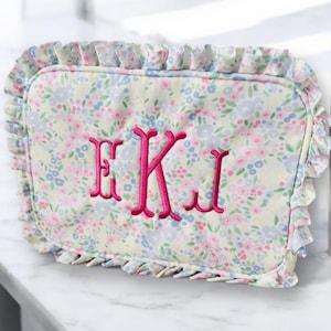 Embroidered monogram floral cosmetic and duffle bag with ruffles, personalized
