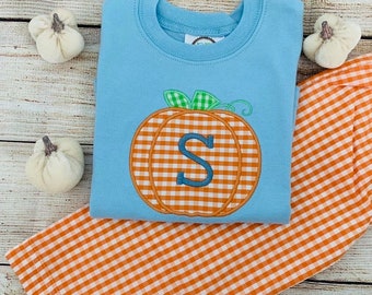 Monogrammed Pumpkin Outfit: Boys Gingham Shirt & Pants Set