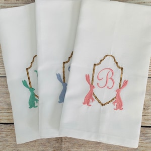 Monogram Easter bunny embroidered hand towels, guest monogram towels, kitchen or bath tea towels