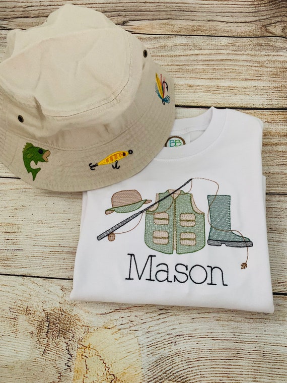 Boys Embroidered Monogram Fishing Shirt, Long or Short Sleeve, Fishing Hat  With Lures, Hooks and Fish, Boys Fishing Outfit 